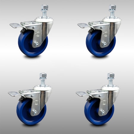 Service Caster 4 Inch SS Solid Polyurethane 1/2 Inch Threaded Stem Caster Set Total Lock Brake SCC-SSTSTTL20S414-SPUS-121315-4